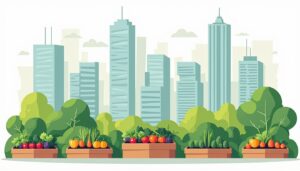Een platte vectorillustratie van een kleine stedelijke tuin met verhoogde moestuinbedden en moderne gebouwen op de achtergrond.