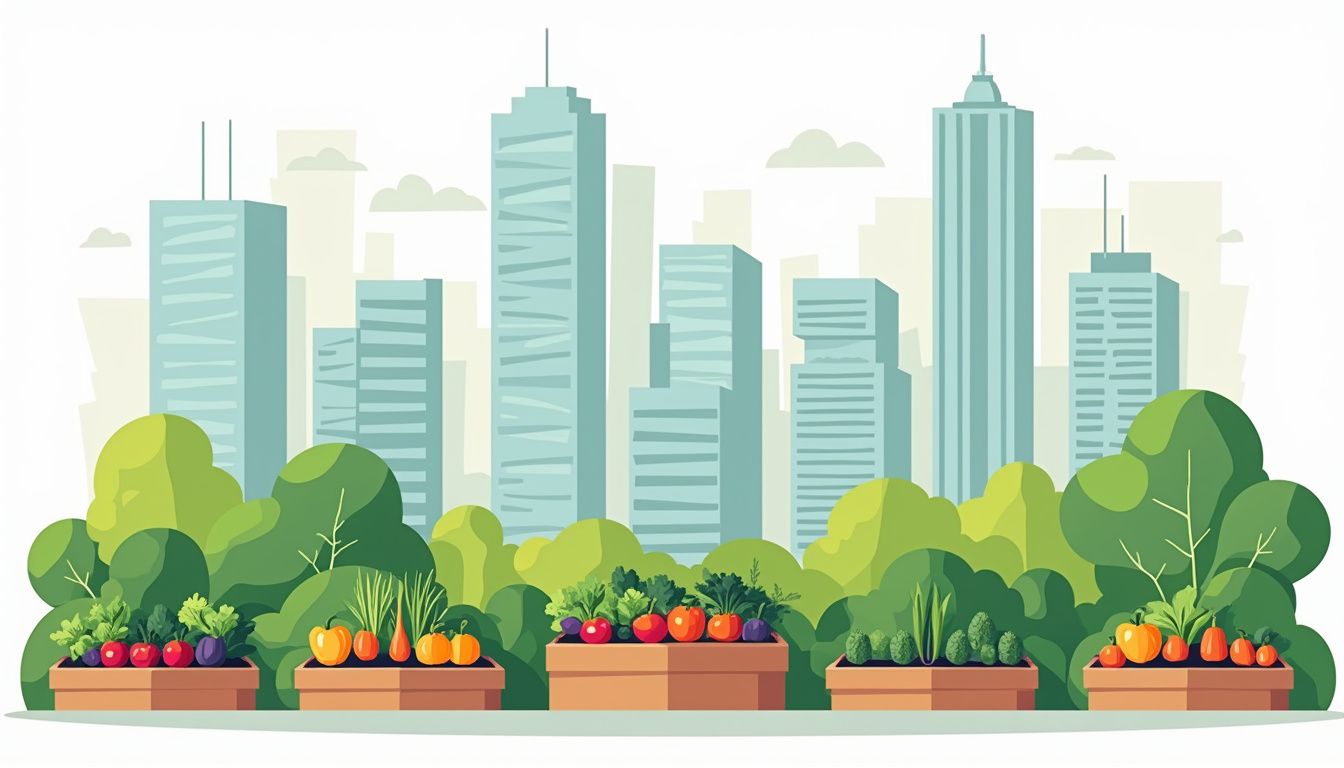 Een platte vectorillustratie van een kleine stedelijke tuin met verhoogde moestuinbedden en moderne gebouwen op de achtergrond.
