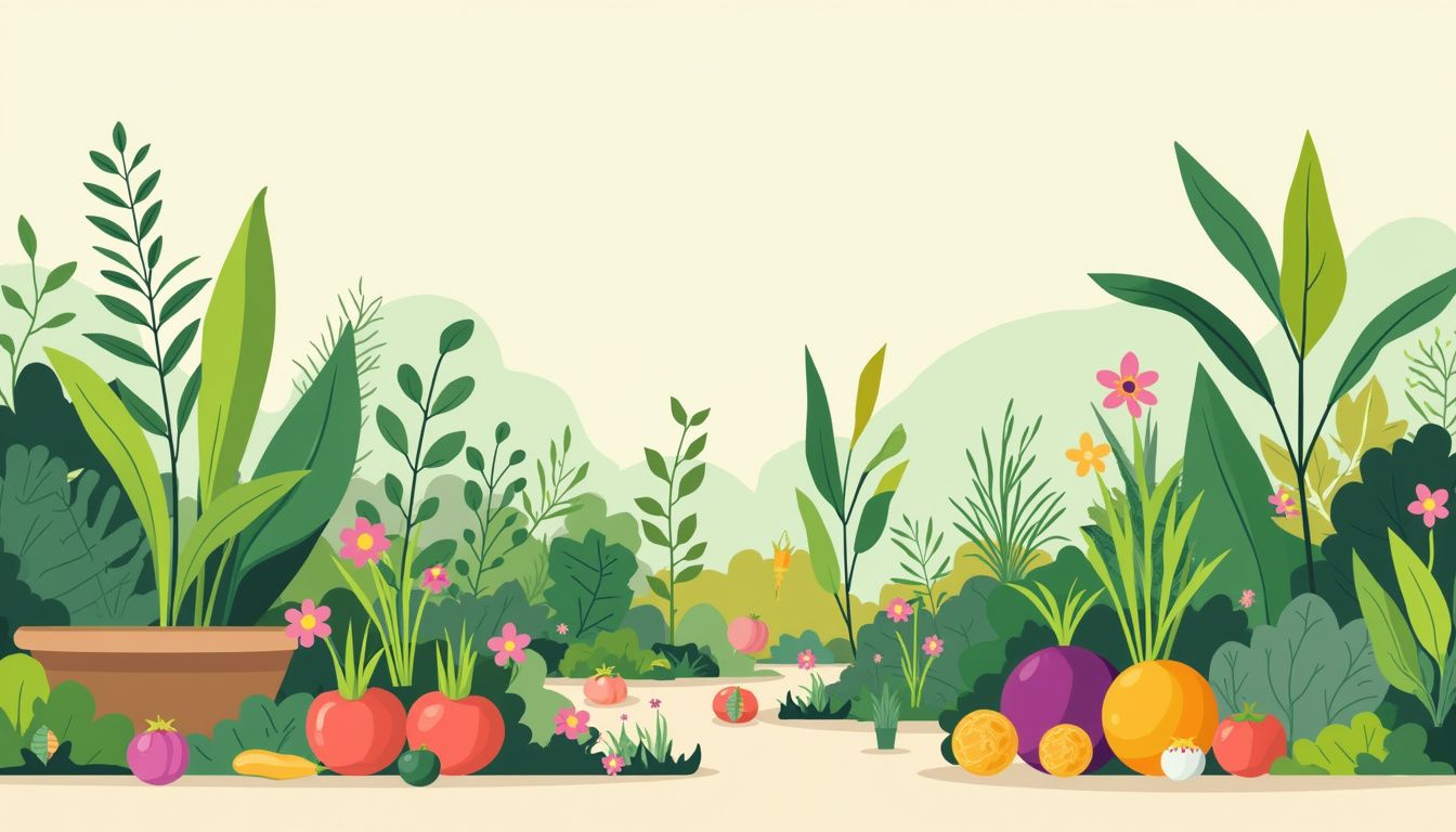 Een levendige permacultuurtuin bij Permacultuur Centrum Haarlem in flat design illustratie.