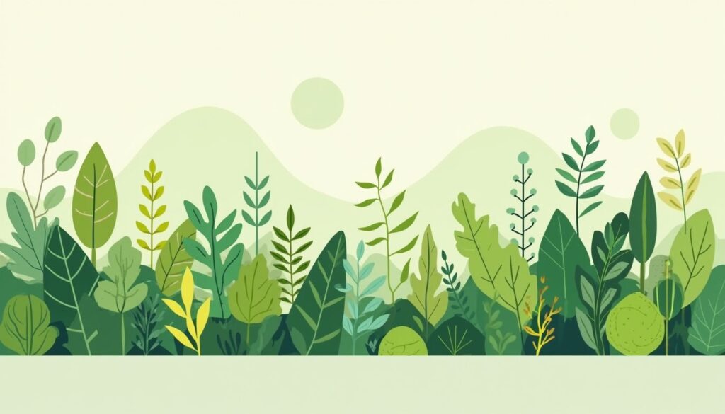 Een minimalistische, geometrische illustratie van een bloeiend voedselbos.