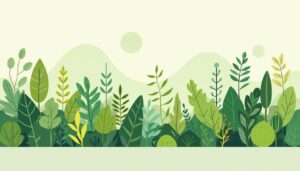 Een minimalistische, geometrische illustratie van een bloeiend voedselbos.