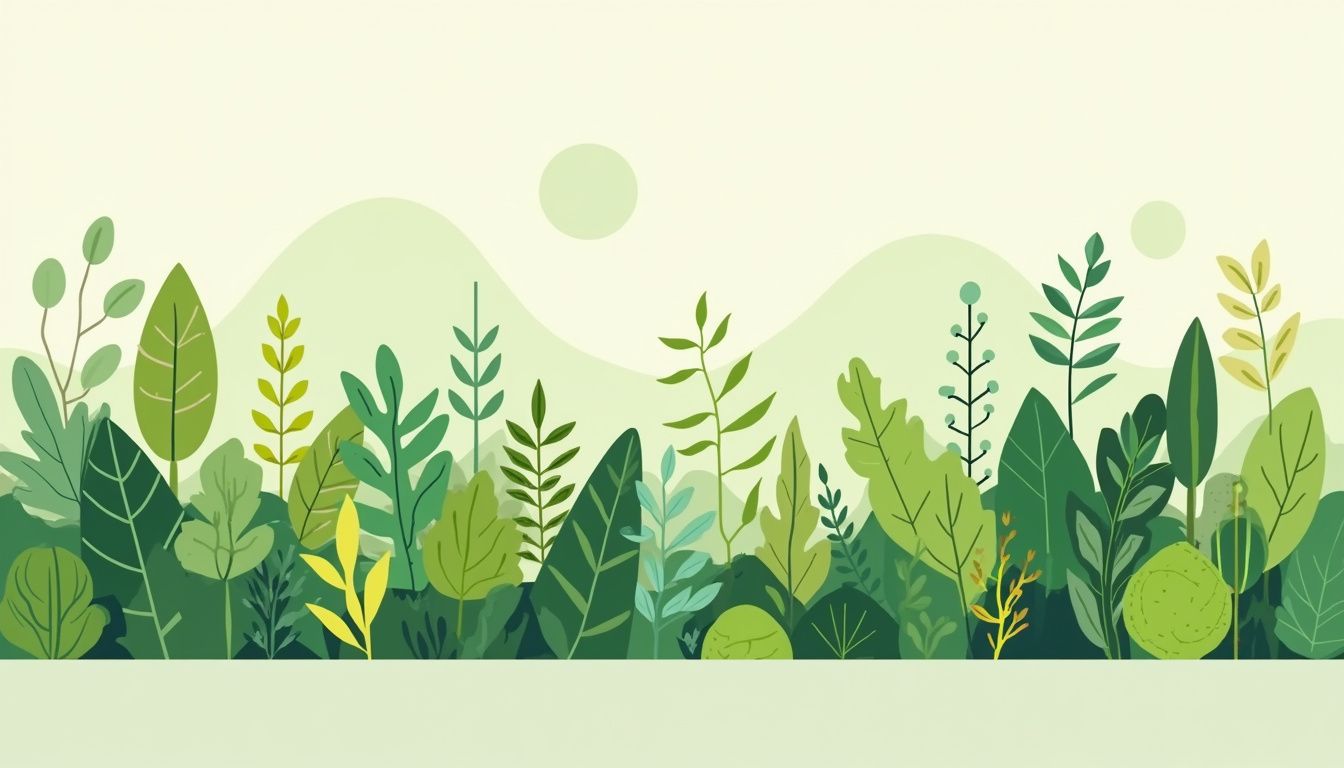 Een minimalistische, geometrische illustratie van een bloeiend voedselbos.