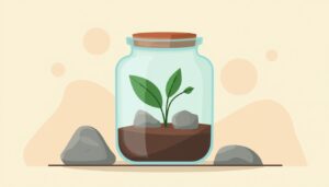 Een platte vectorillustratie van een glazen pot met planten en grond.