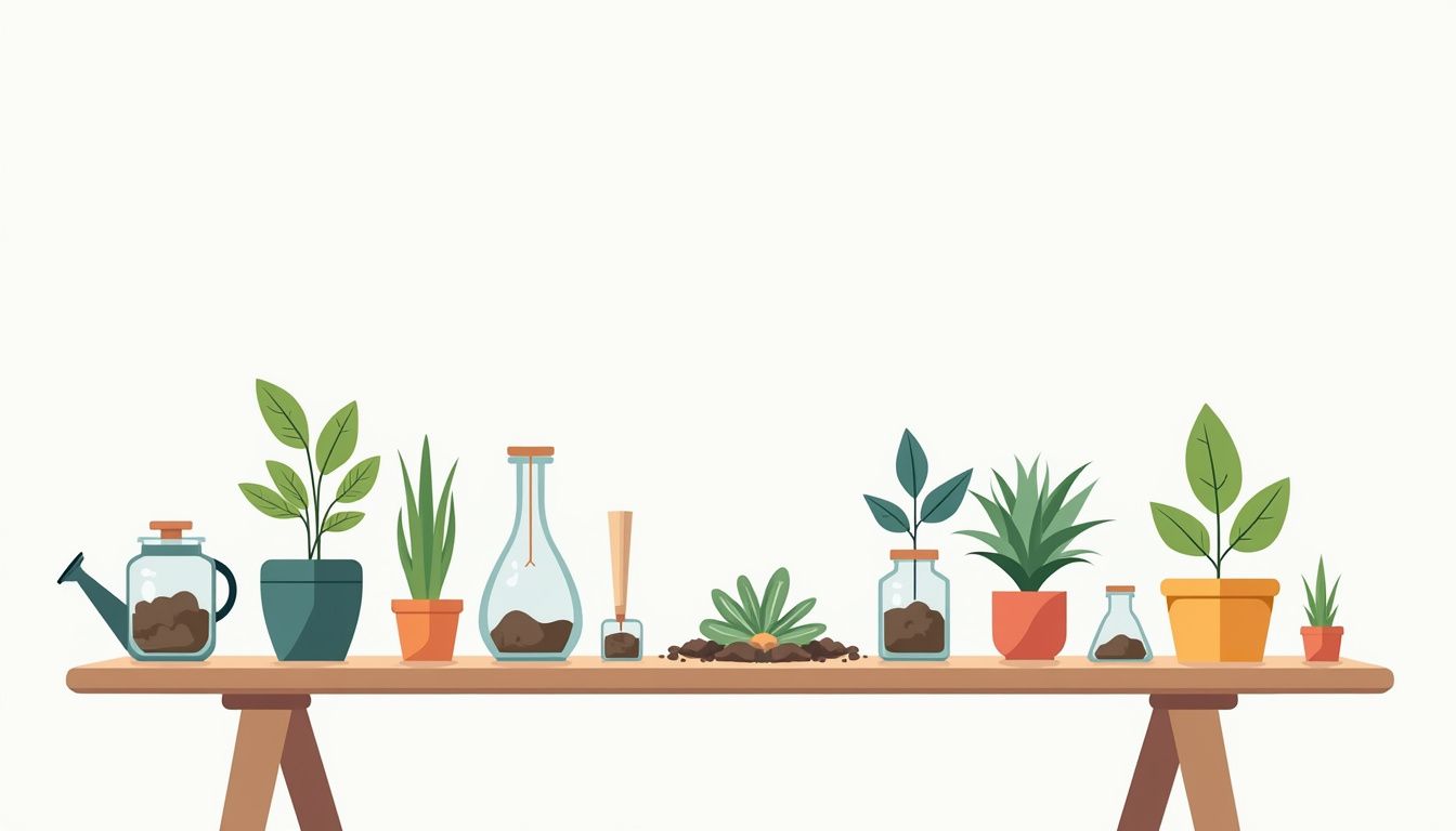 Een minimalistische, rommelige werktafel met planten en accessoires.
