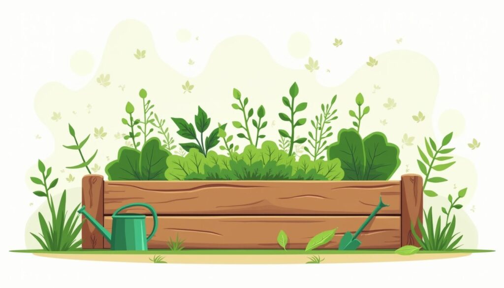 Een platte vectorillustratie van een houten verhoogde moestuin met groenten en kruiden.