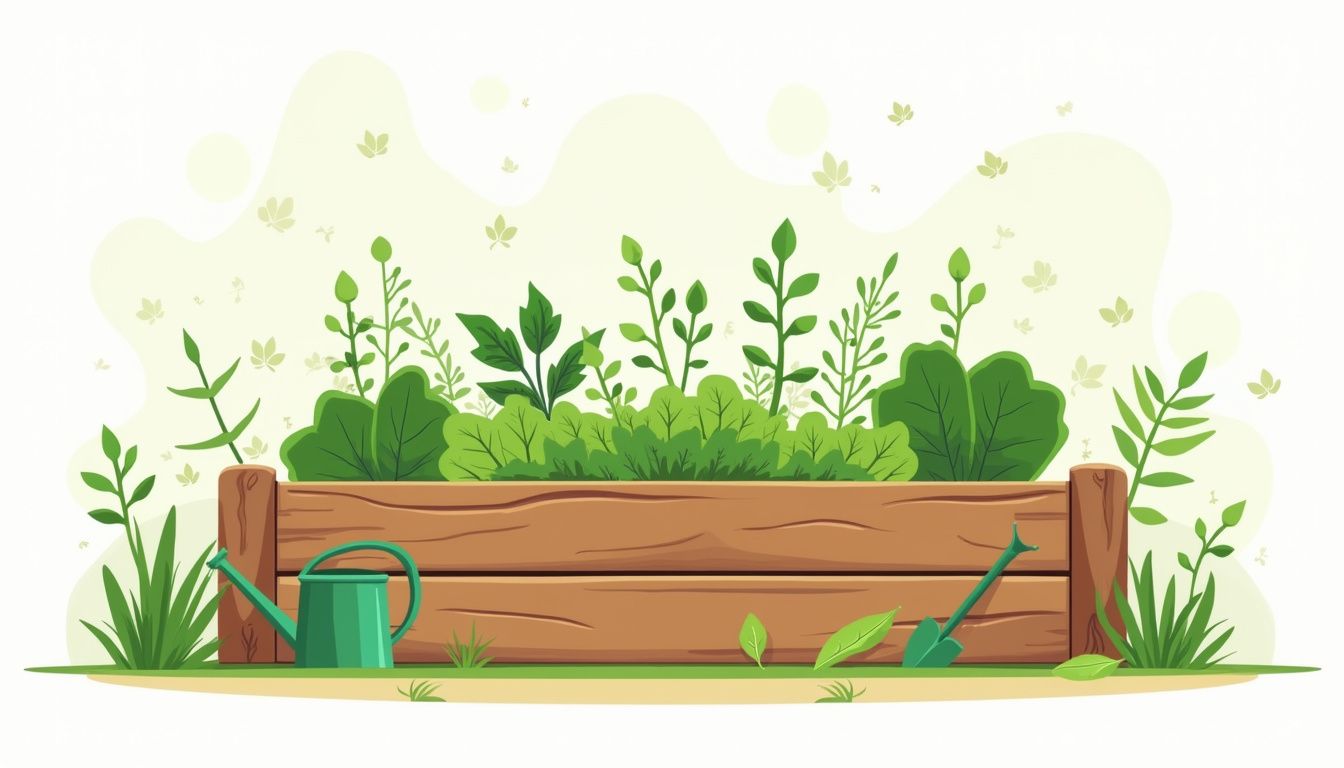 Een platte vectorillustratie van een houten verhoogde moestuin met groenten en kruiden.