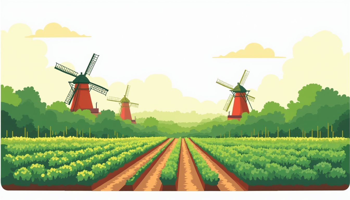 Een minimalistisch Nederlands landschap met een groentetuin en windmolens.