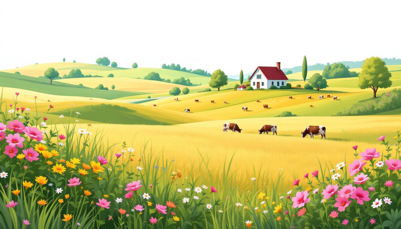 Een plat ontwerp van een rustiek plattelandslandschap met een boerderij.